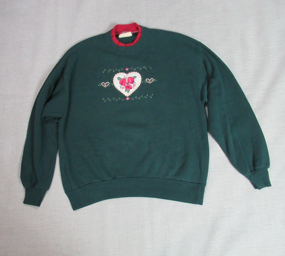 Top Stitch Sweatshirt Women XL Green Fleece Heart Roses Grannycore Retro Country